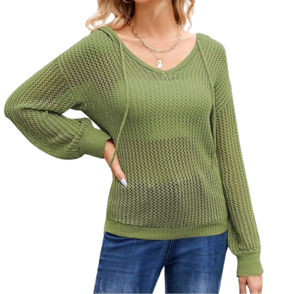 NWOT Green Crochet Mesh Hooded Sweater- FALL! | Long Sleeves + Pullover (L)